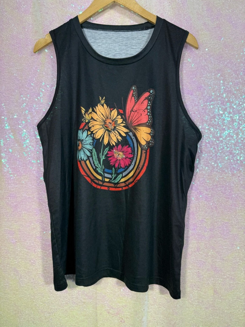Black Floral Rainbow Butterfly womens Sleeveless Tank Top XL